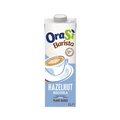 A 1-liter carton of OraSi Barista Hazelnut plant-based milk, featuring a light blue design with a frothy coffee.