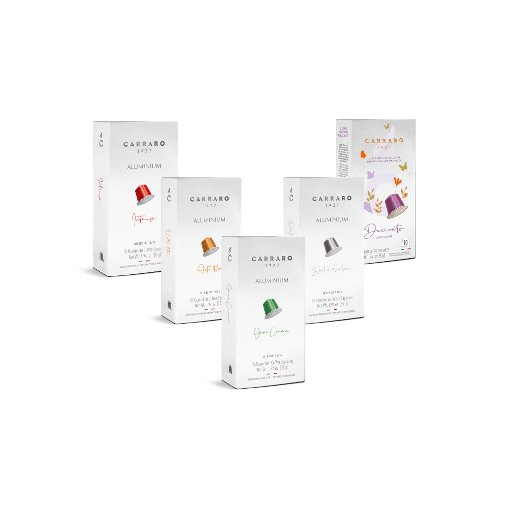 Five Carraro 1915 Allannem coffee capsule boxes arranged on a clean white background, each showing a different capsule color: red, orange, brown, silver, green, and purple.