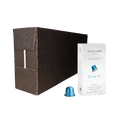 Carraro 1927 decaffeinated aluminium coffee capsules shown with a large dark brown cardboard box, a white sachet package, and one blue aluminium capsule on a clean white background.