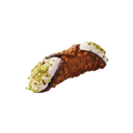 Pastry with chocolate shell, white cream, and green pistachio on a white background